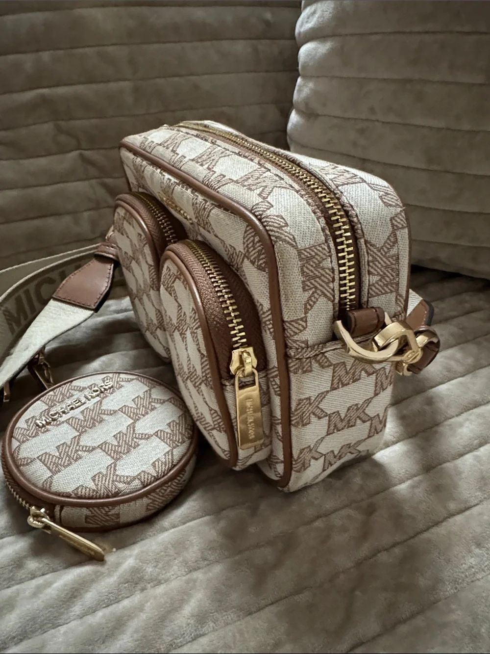 Michael Kors Beige & Brown Monogram Triple-Pocket Crossbody with Coin Pouch.